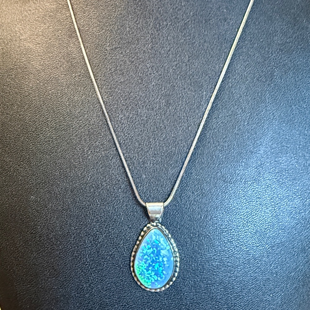 Sterling Silver Necklace with Stunning Blue Fire Opal Teardrop Pendant